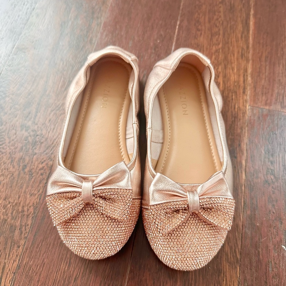 Kids leather crystal ballet flats with Bow Accent